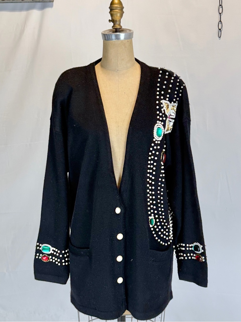 VINTAGE 80s glam bling knit sweater cardigan jewel pearl beads ruby emerald bold - Picture 3 of 14